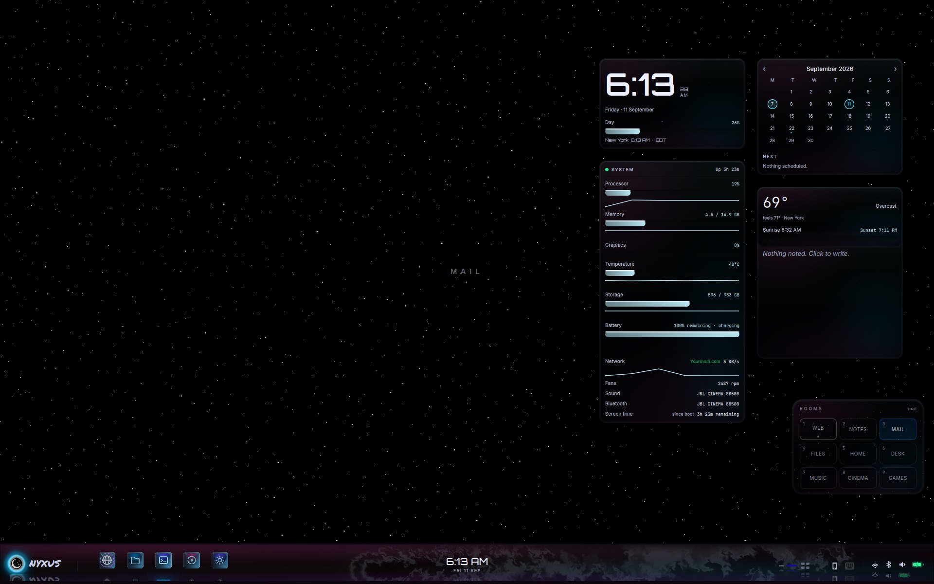 Nyxus Suxyn desktop: Starlight sky, glass widgets, living bar